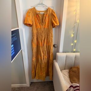 Anthropologie Mustard Midi Dress with Orange Embroidery